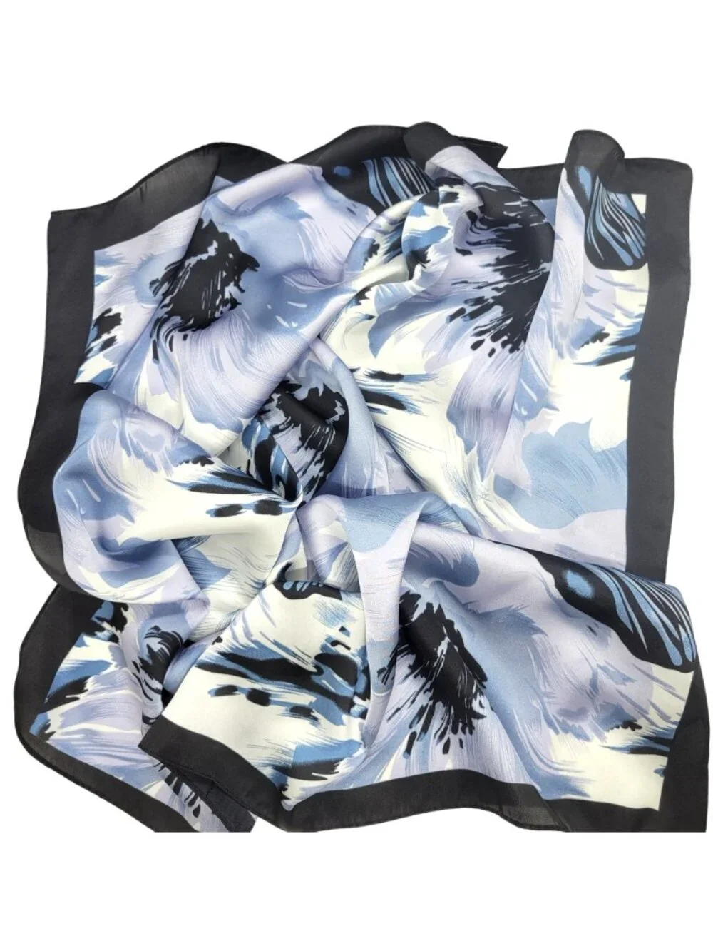 Luxury Silky Soft Square Scarf Black Blue White Abstract Floral Print Shawl Wrap